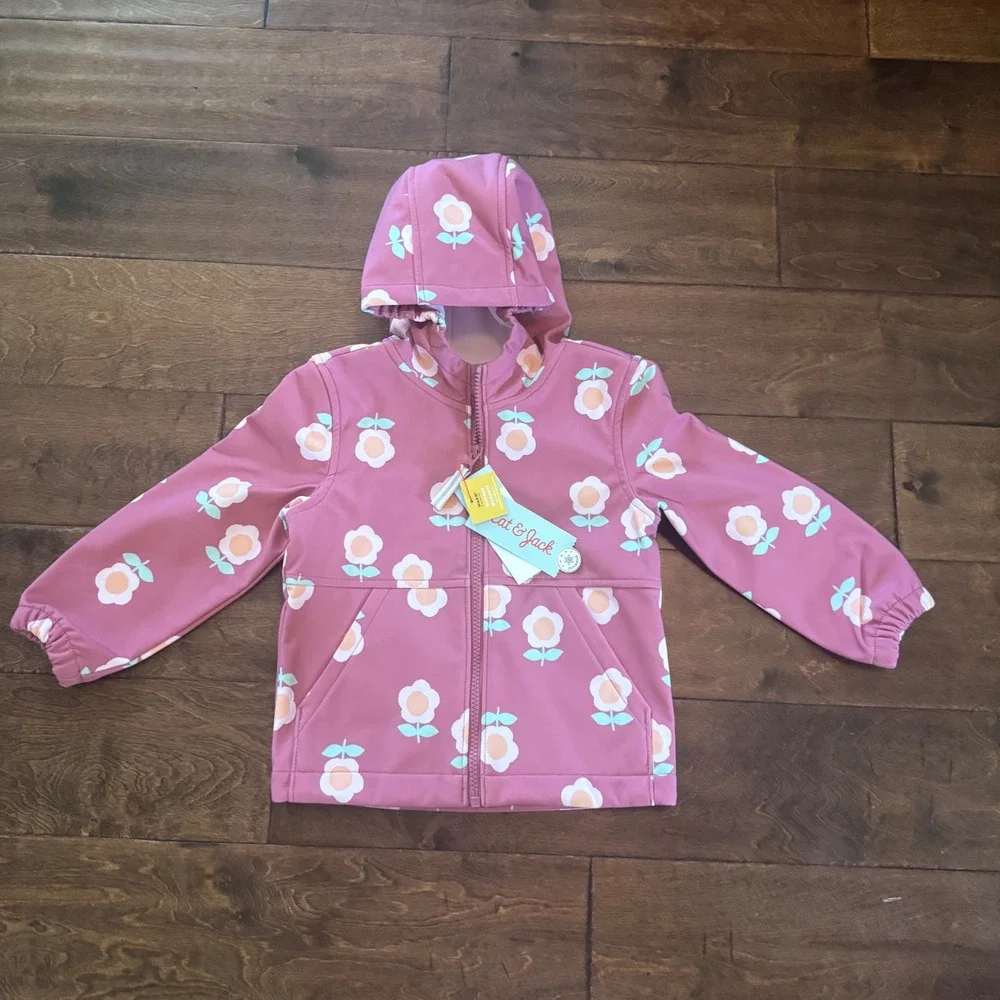 Cat & Jack Toddler Girls Pink Floral Fleece Lined Softshell Hooded Jacket 3T NWT